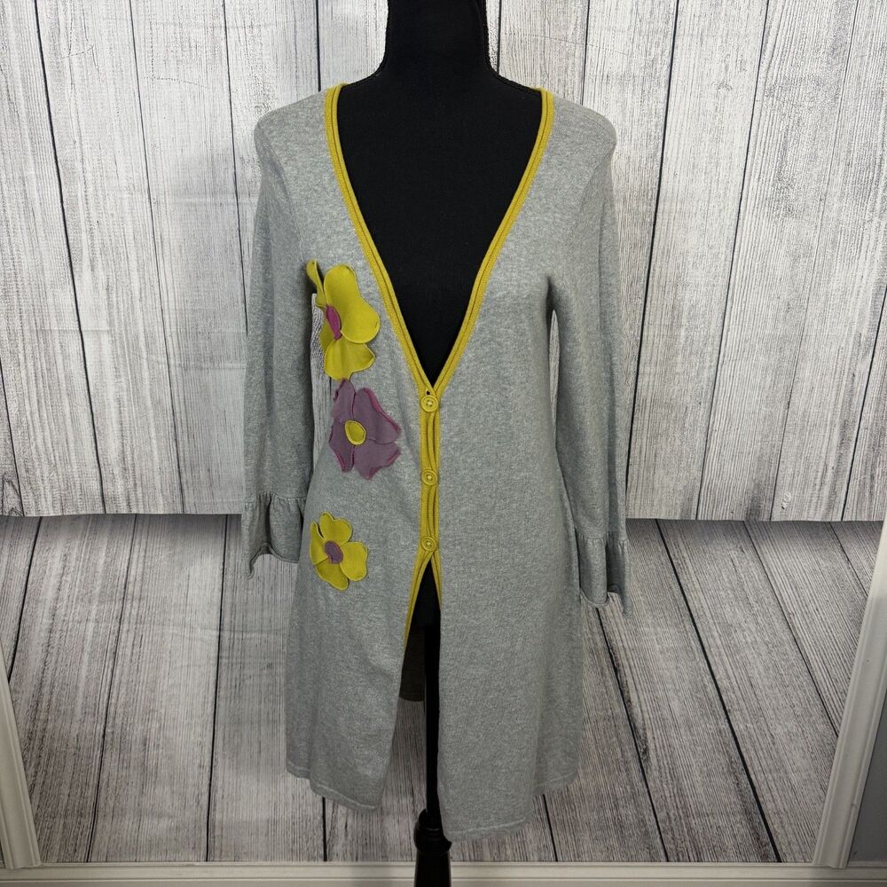Nick & Mo Women's Small Gray Appliquéd Flowers Cotton Duster Cardigan Sweater